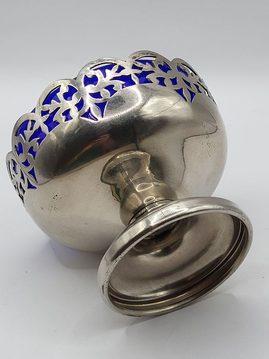 Posrebrzana cukiernica + szkło kobaltowe