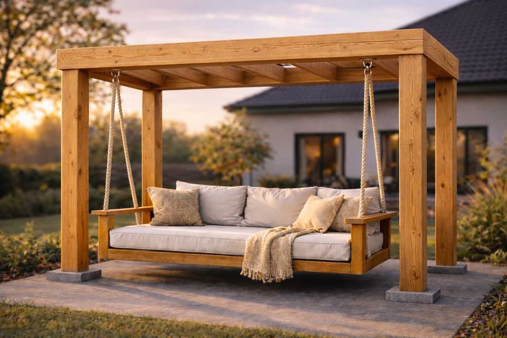 Huśtawka ogrodowa z litego drewna | pergola | konstrukcja 300 kg