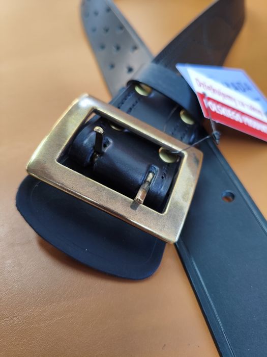Piękny Szyty Pas Oficerski Skóra Czarna Licowa Klamra Vintage Mosiądz Dł.135