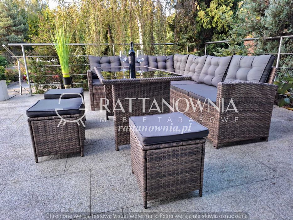 Narożnik Ogrodowy Zestaw Mebli Ogrodowych Narożnik i Pufy na Taras