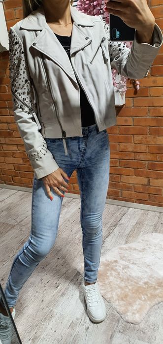 Zara kurtka ramoneska skóra naturalna dżety jasna M