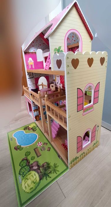 Duży drewniany domek dla lalek + meble | 3 piętra