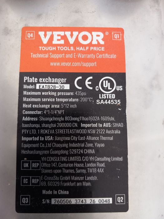 trocador de calor de placas VEVOR (modelo EATB28-30)
