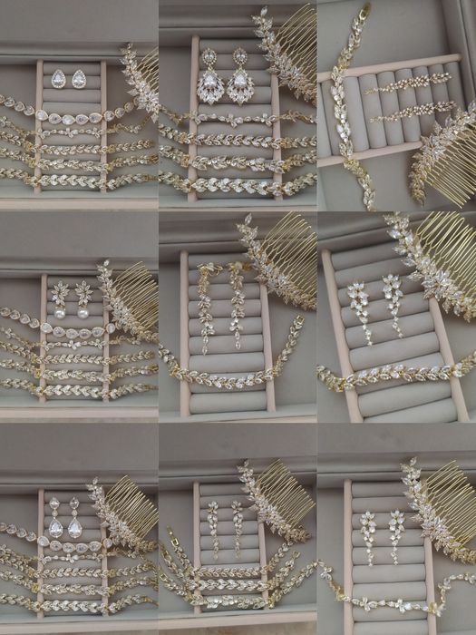 Złoty komplet kolczyki, grzebyk, bransoletka z kryształkami ślubne