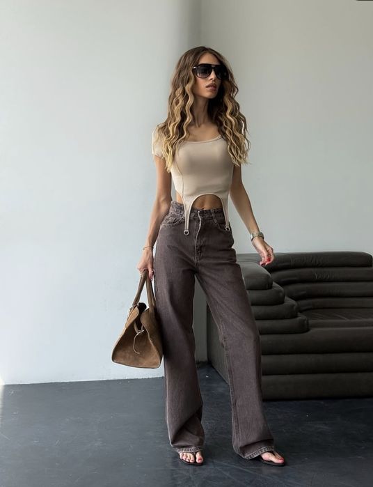 Джинси коричневі р.S-Xs wide leg висока талія