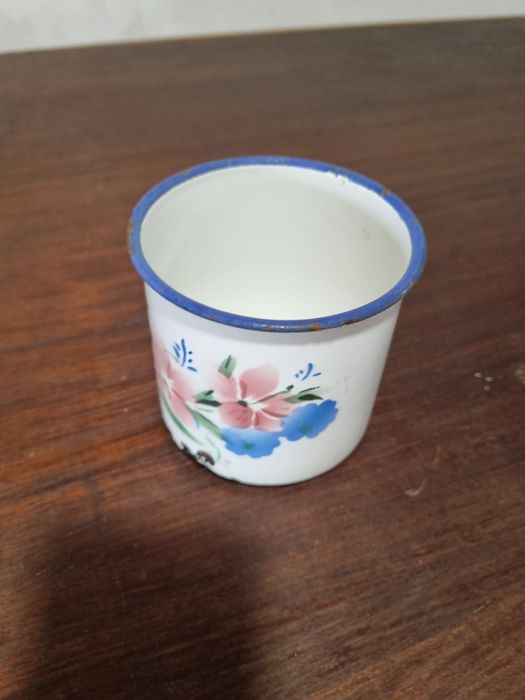 Loiça em esmalte. Uma panela um tacho e um pucaro
