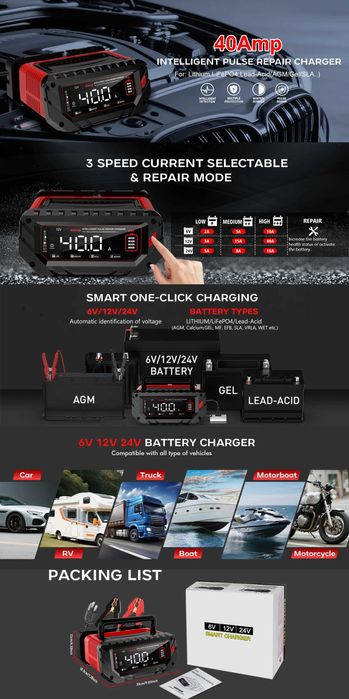 Smart автомобильное зарядное HTRC 12/24В 10/15/20/30/35/40А