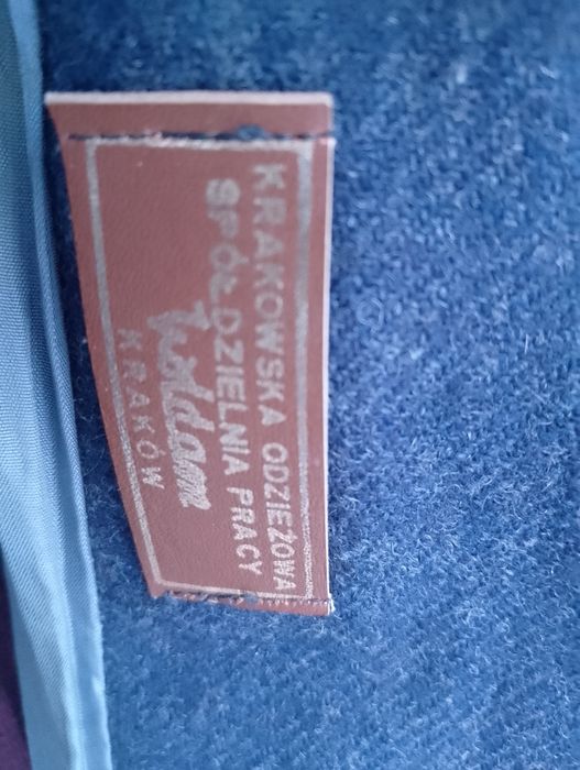 Niebieski długi wełniany płaszcz vintage M L lata 70 80