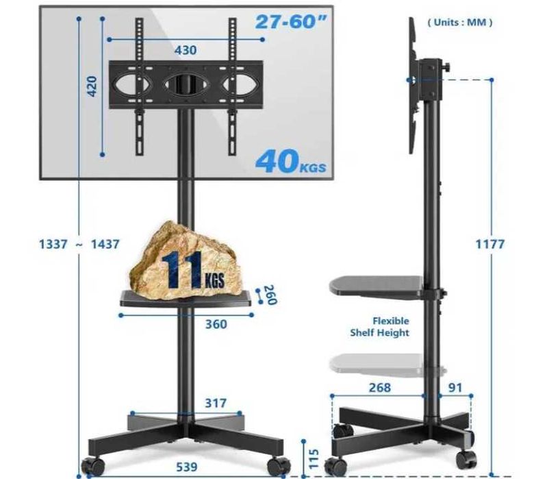 RFIVER Mobilny stojak na telewizor, na kółkach 27–60 cali,