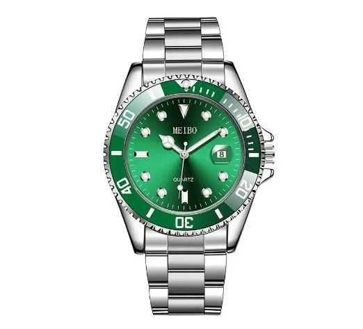 Luksusowy Zegarek Srebrny z Zieloną Tarczą Stal Nierdzewna NOWY