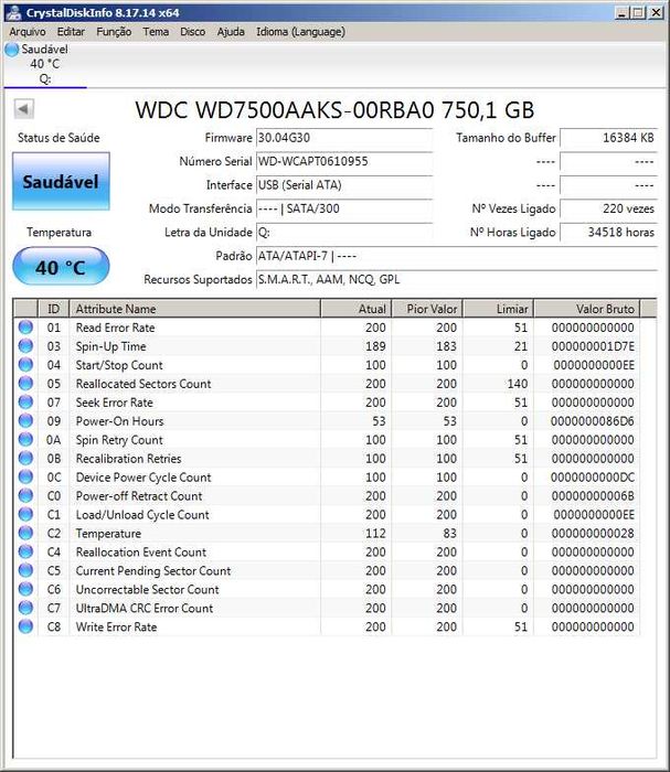 Disco WD Caviar SE16 3.5" SATA 750GB em perfeito estado