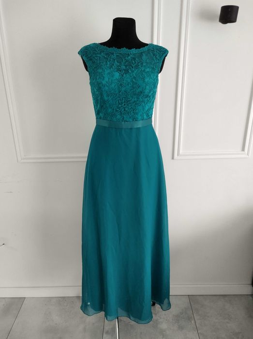 Elegancka długa sukienka balowa turkusowa z koronkową górą – M/38