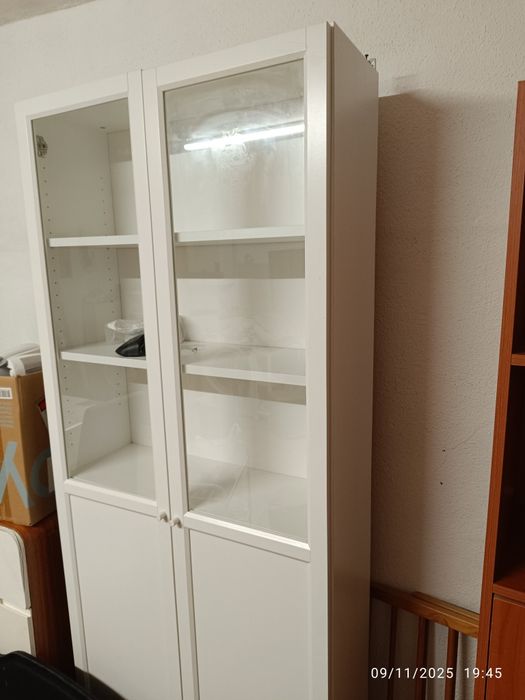 Estante c/painel/portas de vidro, branco, 80x30x202 cm