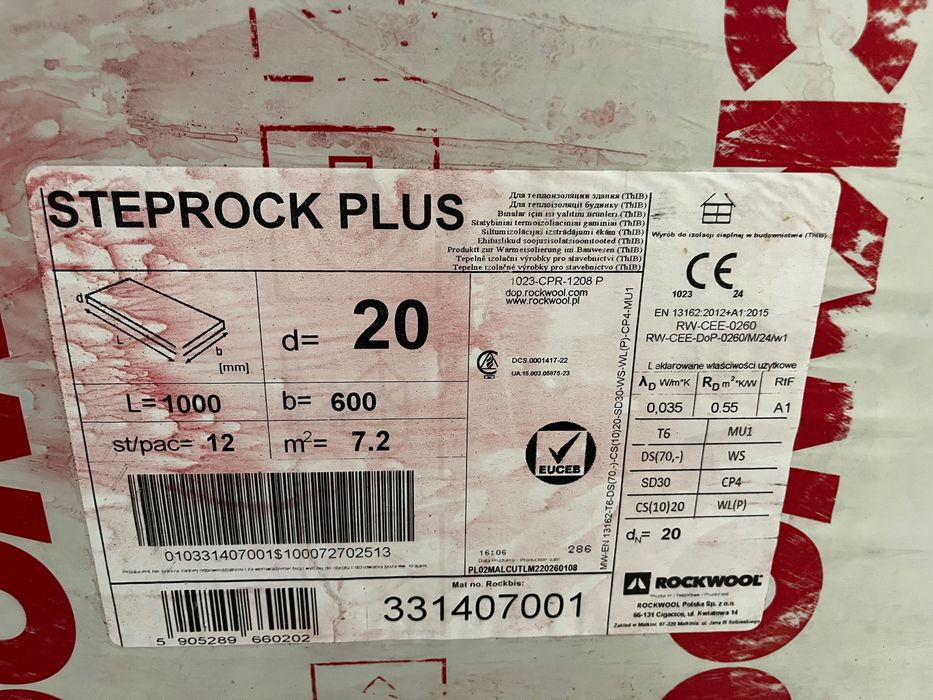 Sprzedam wełnę mineralną Steprock Plus gr. 2 cm firmy Rockwool