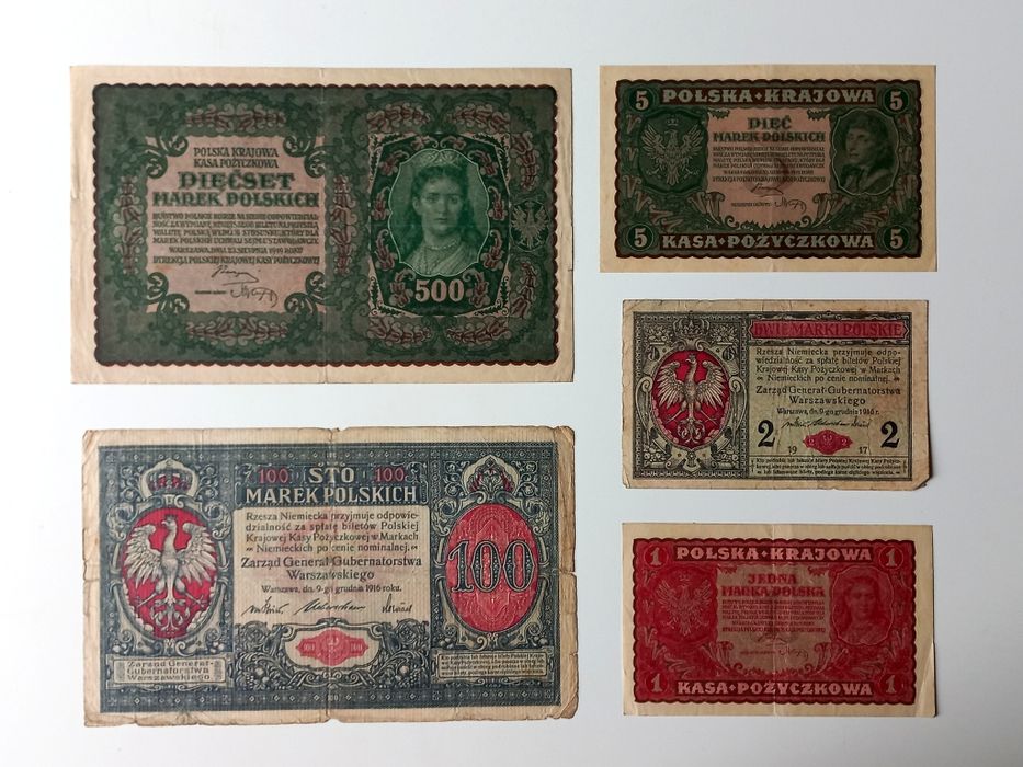 500, 100, 5, 2, 1 (1916r)- Marek Polskich, banknot pieniądz