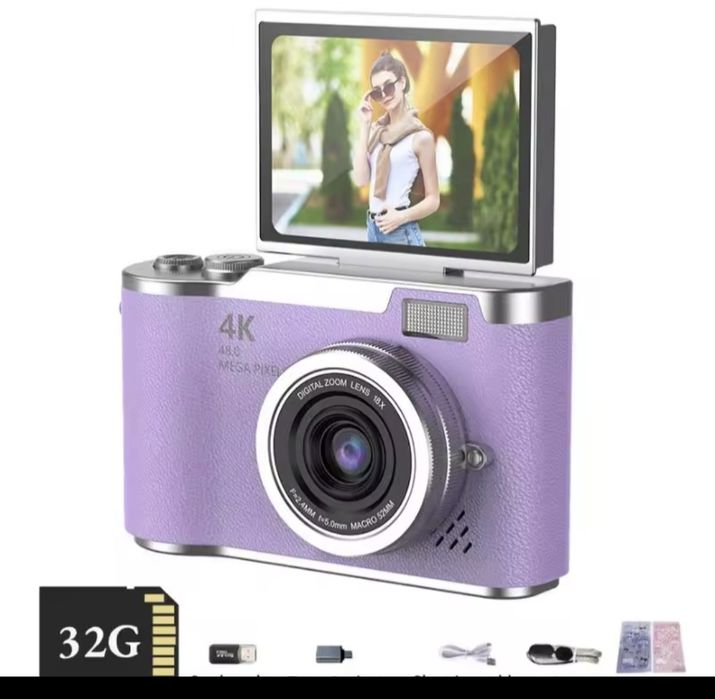 Компактная цифровая камера LK-007 (purple) 4K 48 МП с поворотным екраном 2.4", автофокусом , 8× зумом и LED-вспышкой (с картой памяти на 32Gb)