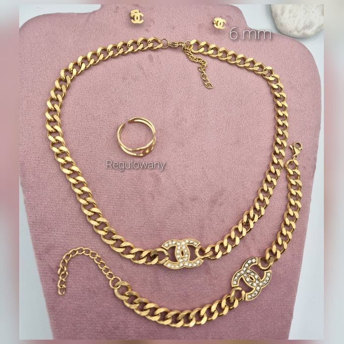 Komplet cc złoty pancerka choker kolczyki pierścionek stal łańcuch