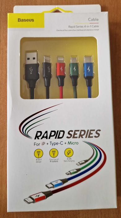 Szybki Kabel USB 4 wtyki: 2x Lightning iP, MicroUSB, USB-C - 1,2m 3,5 A