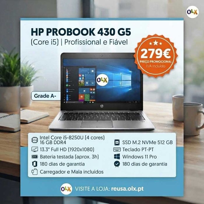 Portátil HP ProBook 430G5 | 8.ª Gen | 13.3" FHD IPS | i5-8265U | 16GB | NVMe 512GB | Mala | W11