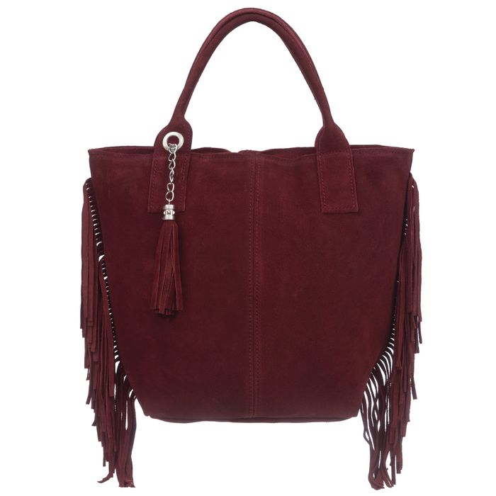 VERA PELLE torebka zamszowa shopper z frędzlami V460 c.bordowa