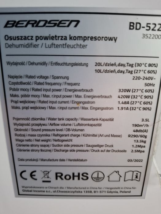 Osuszacz powietrza Berdsen BD-522 20L/24H