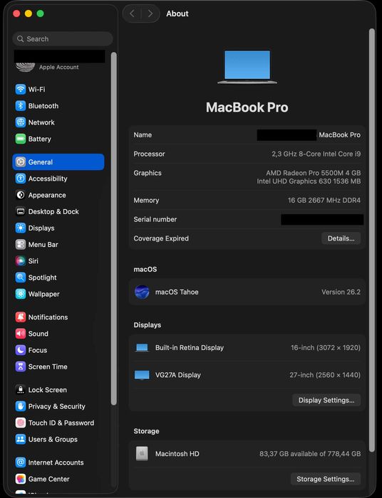 MacBook Pro 16" 2019 i9 16GB / 1TB (macOS Tahoe 26.2)