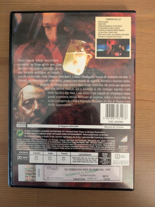 DVD " Os Crimes dos Rios de Púrpura " 2000 (Como Novo)