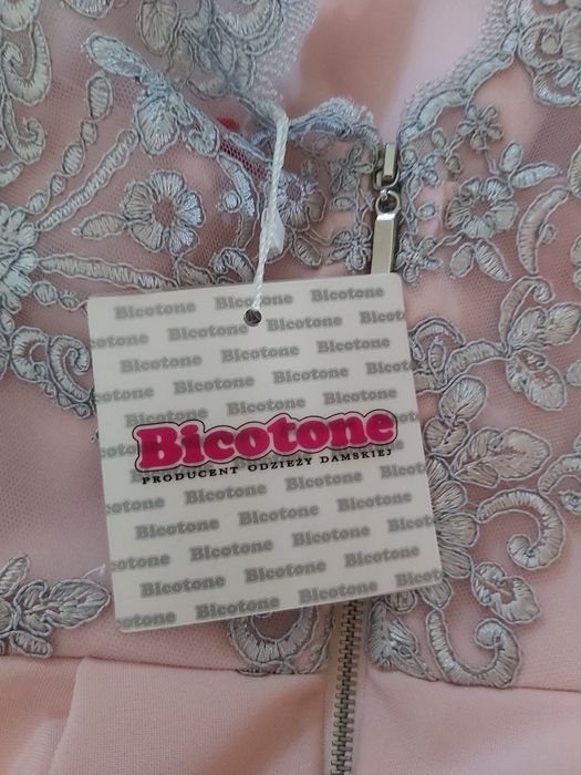 Sukienka damska BICOTONE, roz.34, nowa, jasny róż, szara koronka