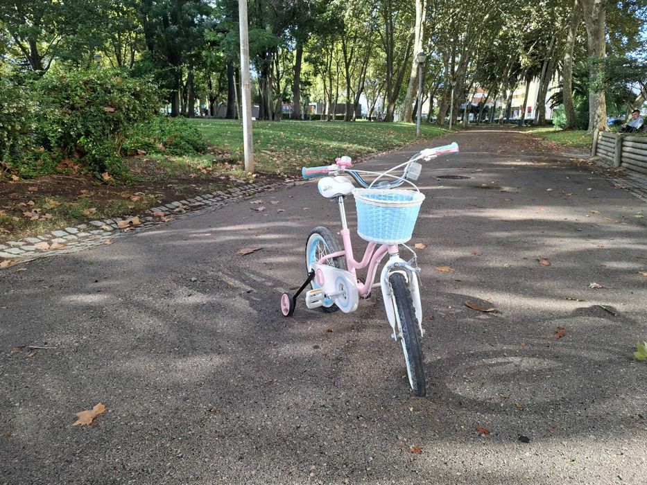 Bicicleta de menina Royal Baby rosa/azul com rodinhas, muito bom estado