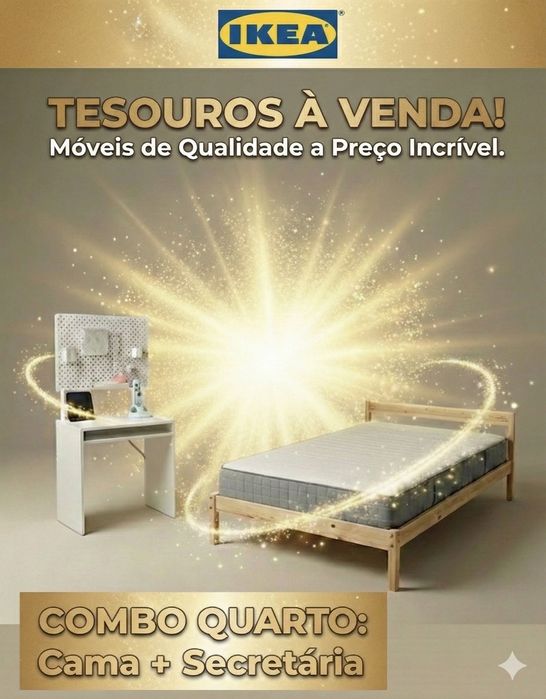 Pack Quarto: Cama Casal IKEA (Pinho) + Colchão de Molas + Secretária