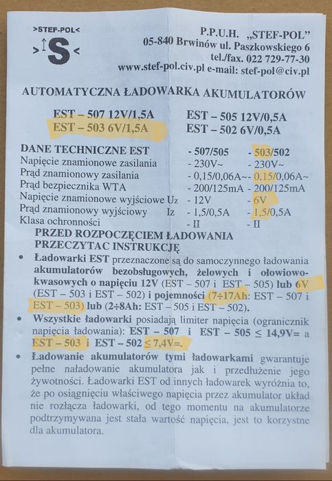 EST-503 6V 1,5A Polski automatyczny prostownik ładowarka akumulatorów