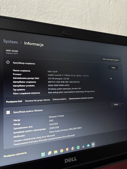 Laptop Dell Inspiron 5577 32 GB RAM, i7-7700HQ CPU