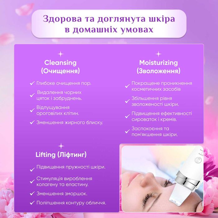 Ультразвуковий скрабер для чищення обличчя ліфтинг омолодження