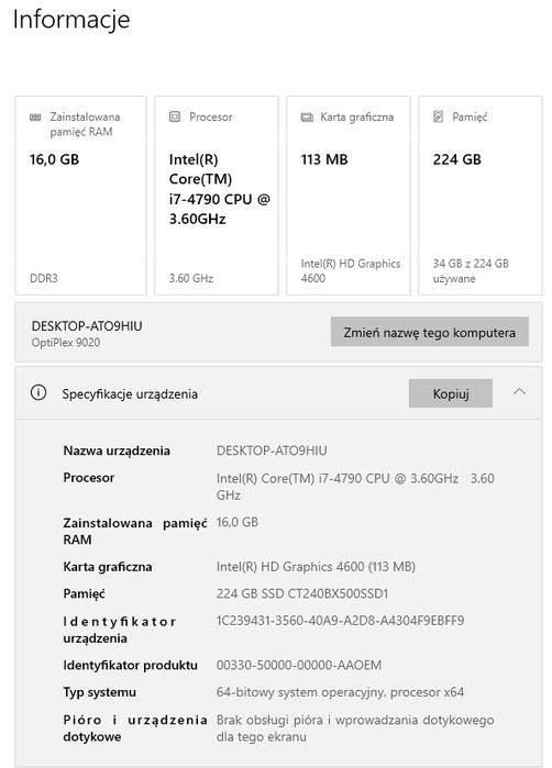 DELL Optiplex 9020, i7, 16GB RAM, SSD 128GB + WIN 10 PRO