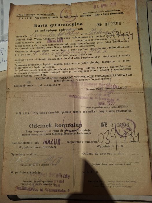 Stalinogród Instrukcja Mazur radio i karta gwarancji 1955 rok