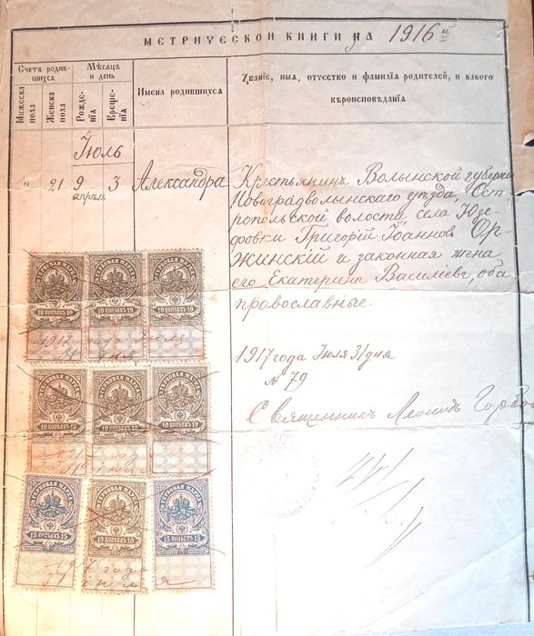 Выписка из метрической книги 1916