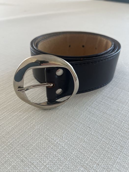 Skórzany ciemnobrązowy pasek srebrna klamra 75