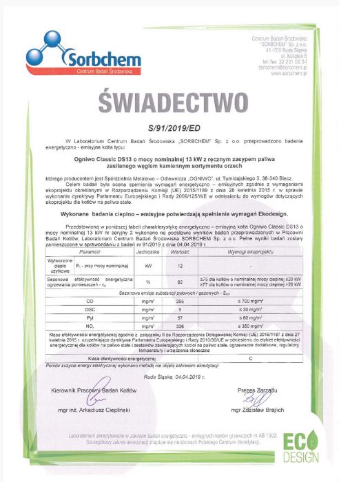 Kocioł, piec OGNIWO Classic DS 13 kW - zasypowy / tradycyjny - EKO