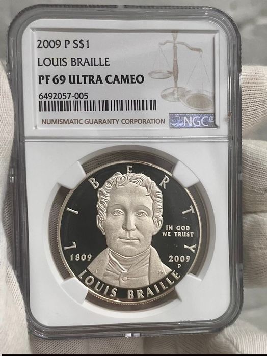 Долар США 2009 р. "Р". 200 років Луї Брайль. СРІБЛО. ПРУФ. СЛАБ.