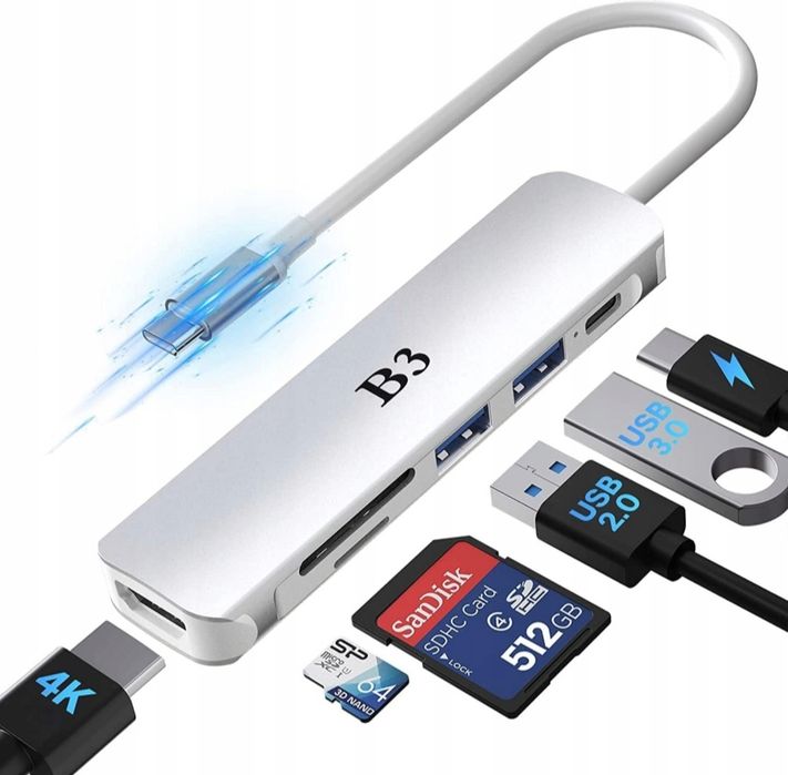 B3 Adapter HUB USB-C 6W1 Srebrny USB 3.0 4K SD TF