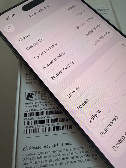 iPhone 16 Pro 256gb Natural Titanium Stan Idealny Bateria 92%