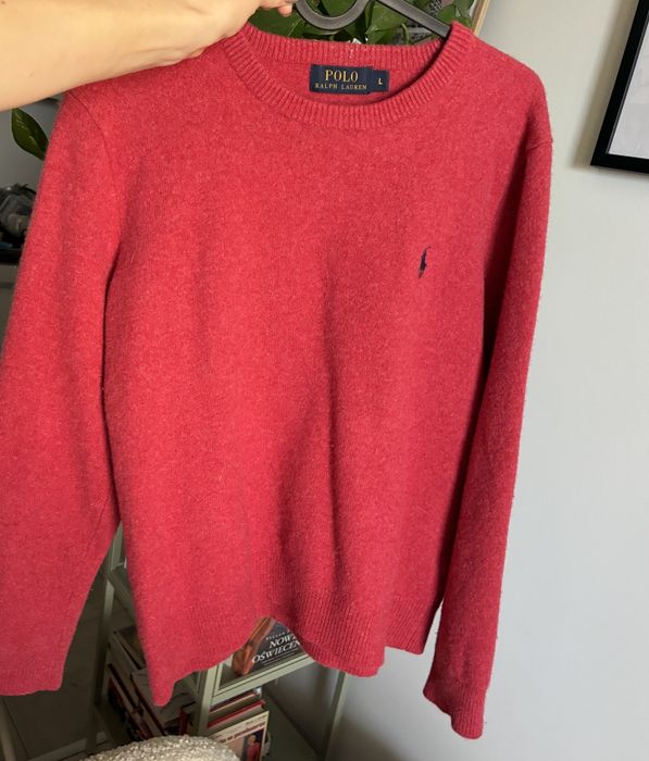 Ralph Lauren wełniany sweter malinowy haftowane logo premium