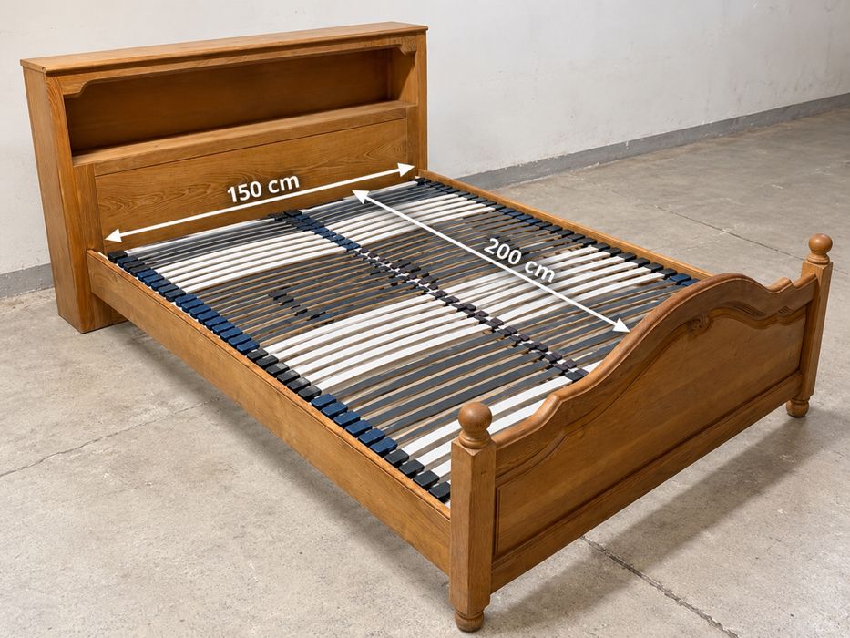ŁÓŻKO dębowe z Holandii 150 × 200 cm, solidne, z półką w zagłówku i gniazdkiem, do sypialni – DOWÓZ DO DOMU