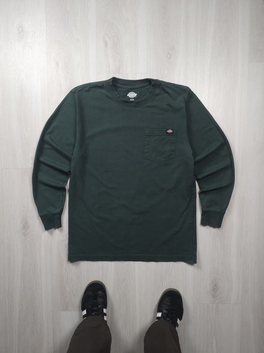 T-shirt Dickies verde-escura de manga comprida com bolso, 100% algodão