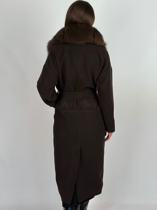 Жіноче шоколадне кашемірове пальто з натуральним хутро песця,42-56 р
