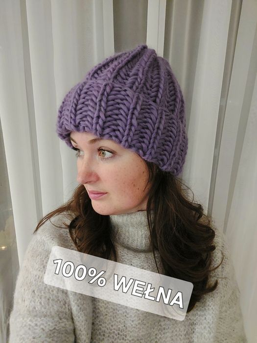 Nowa czapka wełniana handmade lawenda fiolet