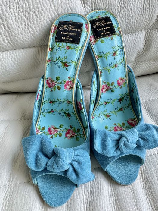 Блакитні мюлі Oksana Khmara. Голубые, бирюзовые босоножки на каблуке