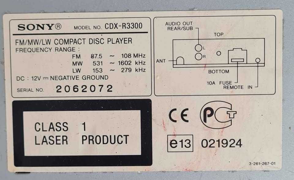 Auto rádio SONY CDX-R3300 c/comando volante, 4x50W