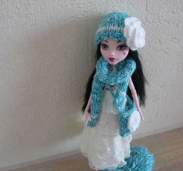 nowy komplet czapka szalik torebka na drutach dla lalki Monster high
