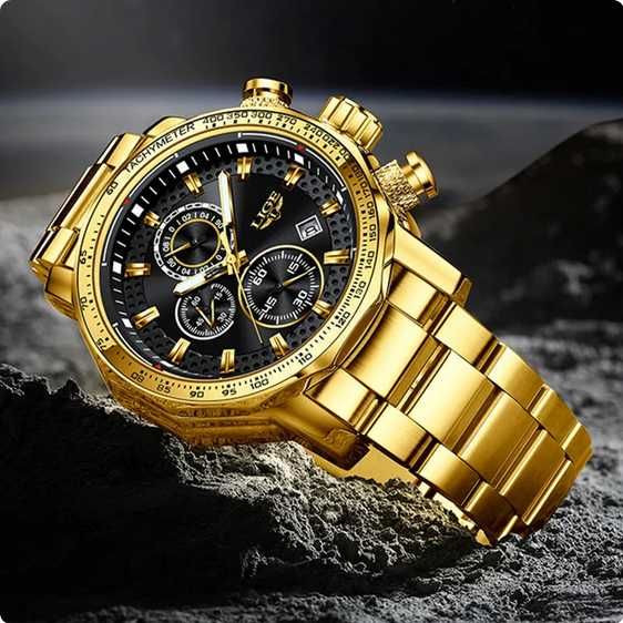 Relógio Luxuoso Masculino LIGE bracelete metal dourado (Novo)